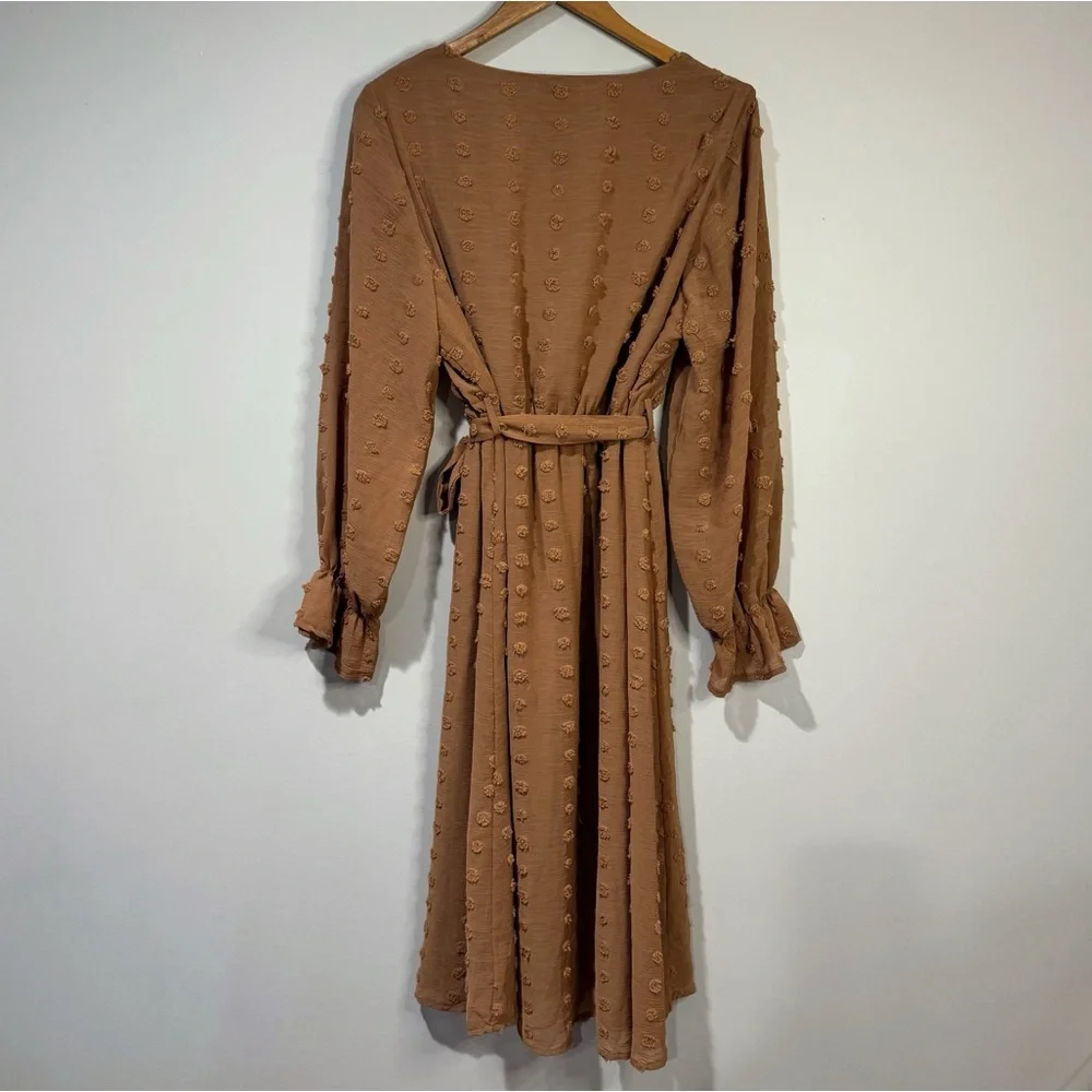 Baltic Born Camel Brown Textured Long Sleeve Wrap Midi Dress - Picture 3 of 12